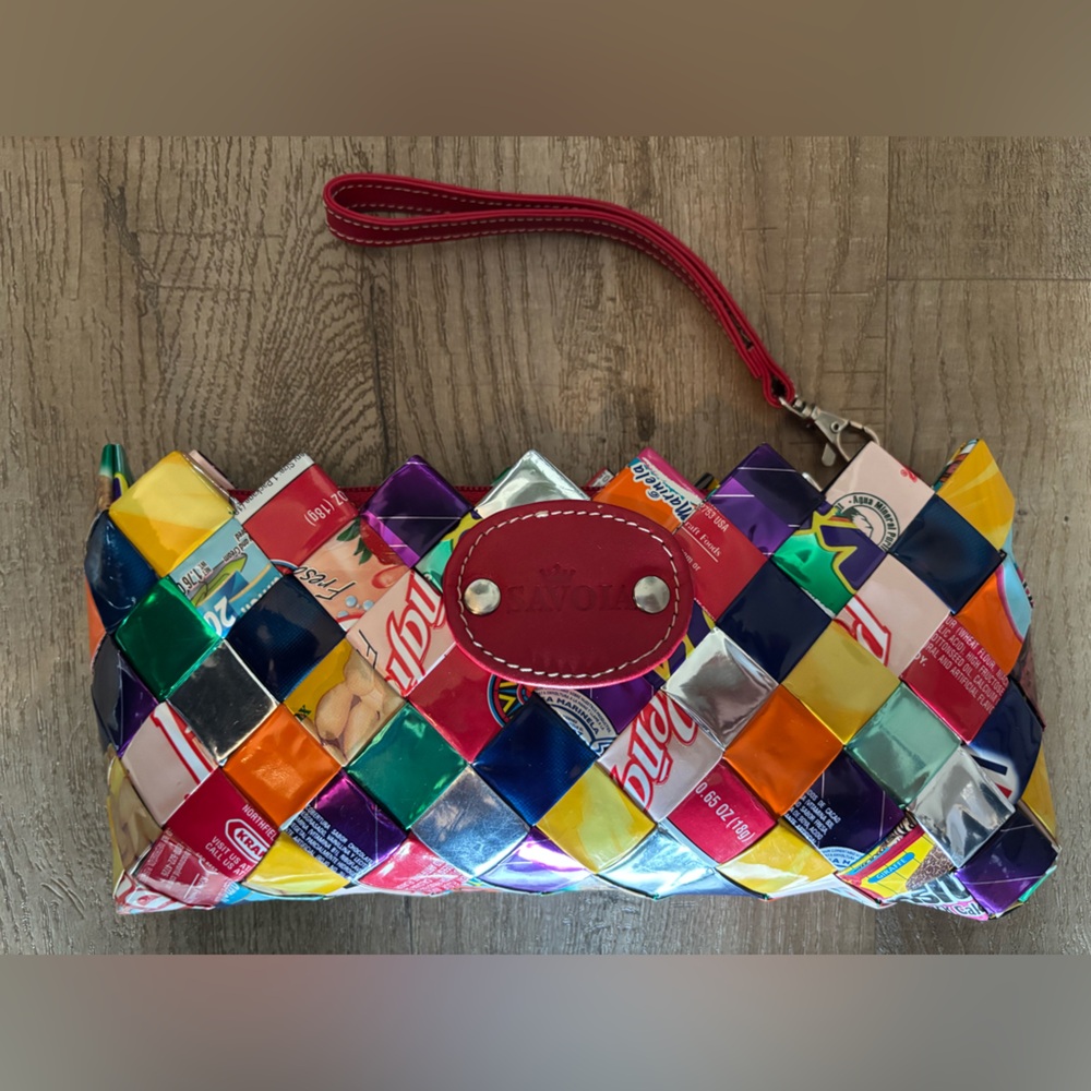 Colorful Woven Clutch with Red Accents